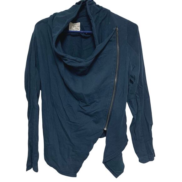 Others Follow Navy Blue Cotton Full Zip Cowl Neck Unsymmetrical Sweatshirt Med - Picture 1 of 5